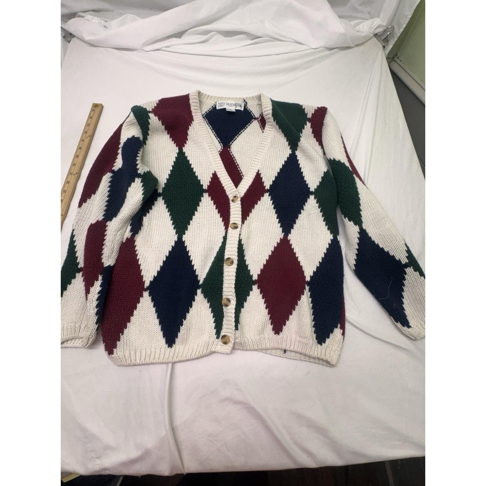 Vintage Chrysantheme Argyle Cardigan Sweater Mens Large Ramie Cotton Knit‎ Multi